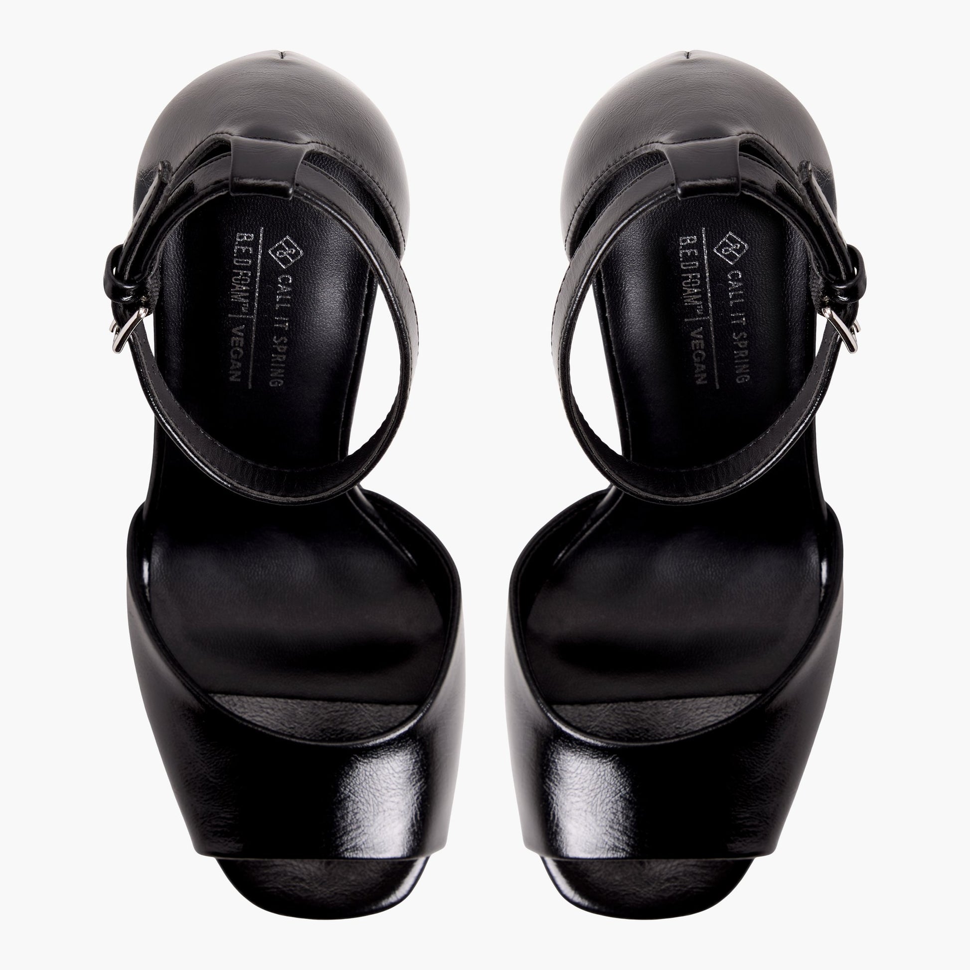 Top-down view of the Black Domminique Peep-Toe Platform Sandals