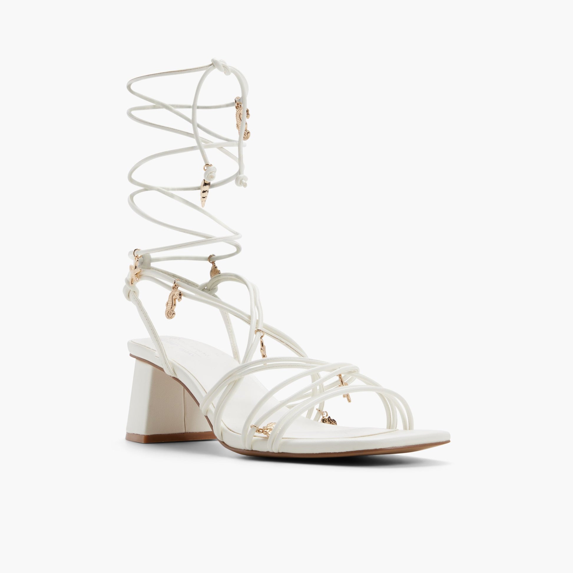 Three-quarter angle of White Nerissaa Lace-Up Block Heel Sandals's front side