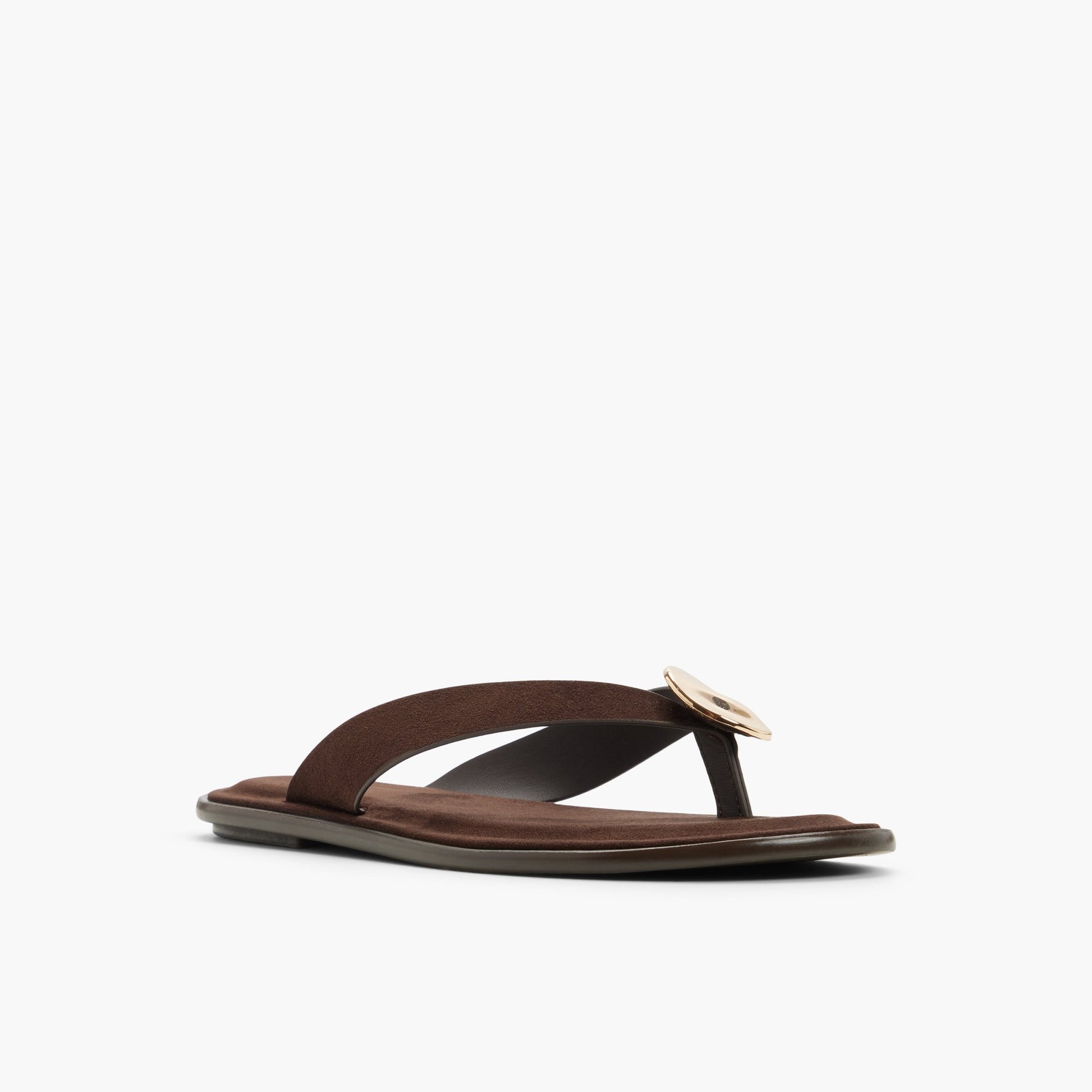 Three-quarter angle of Dark brown Myrah Thong Sandals's front side