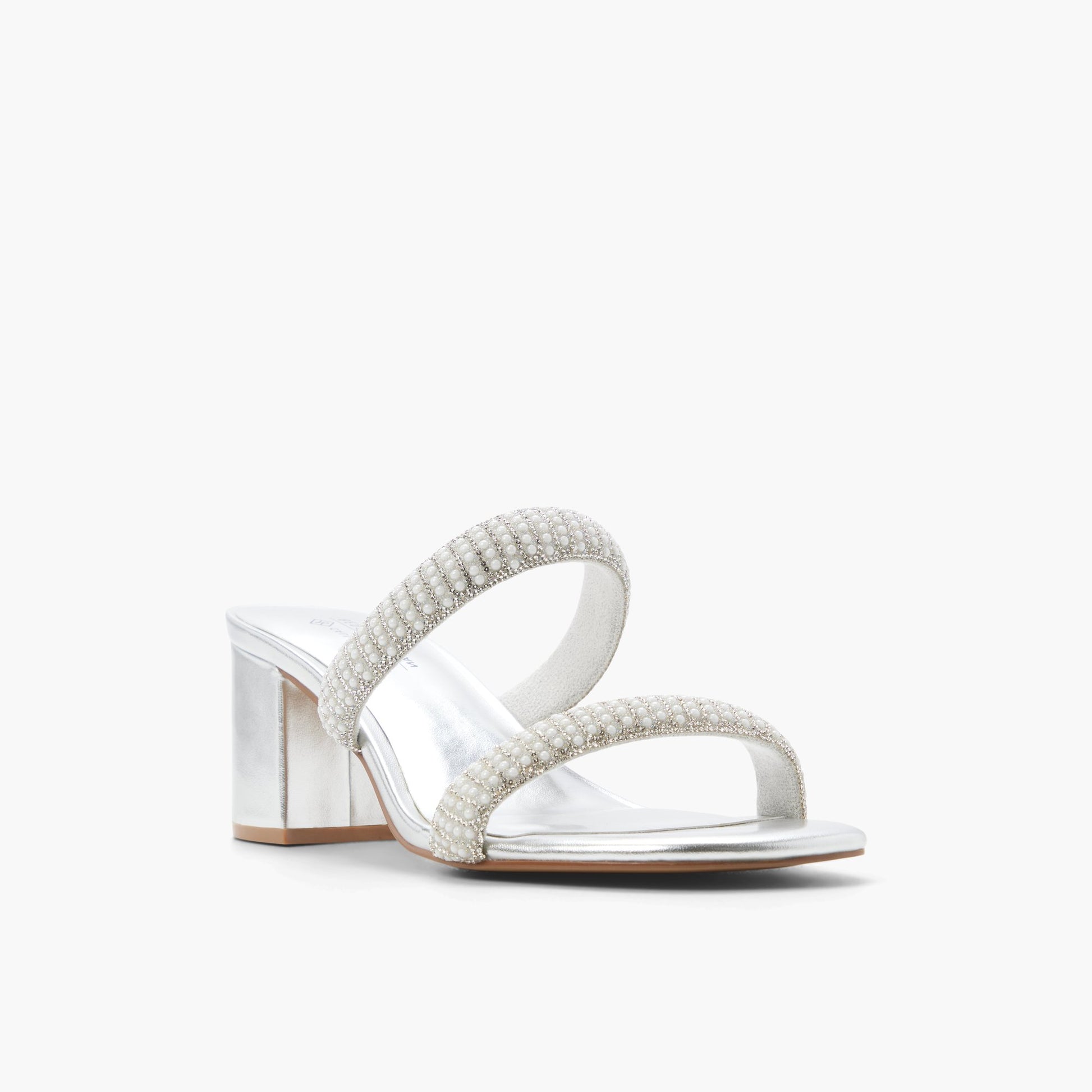 Three-quarter angle of Silver Calianaa Block Heel Mules's front side