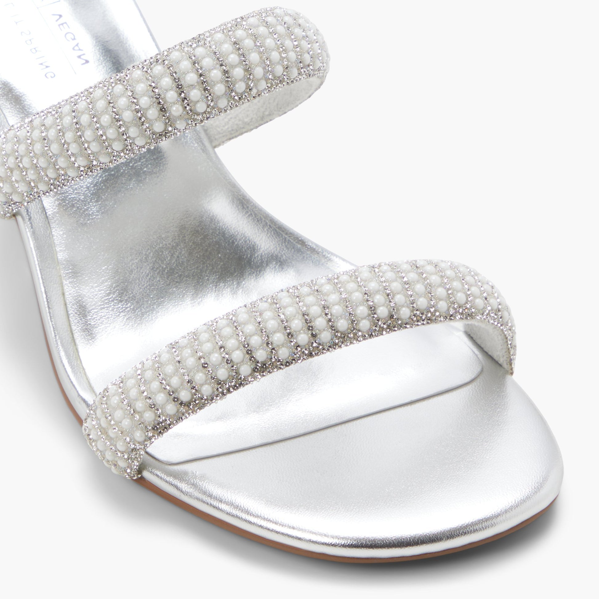 Close-up of the Silver Calianaa Block Heel Mules