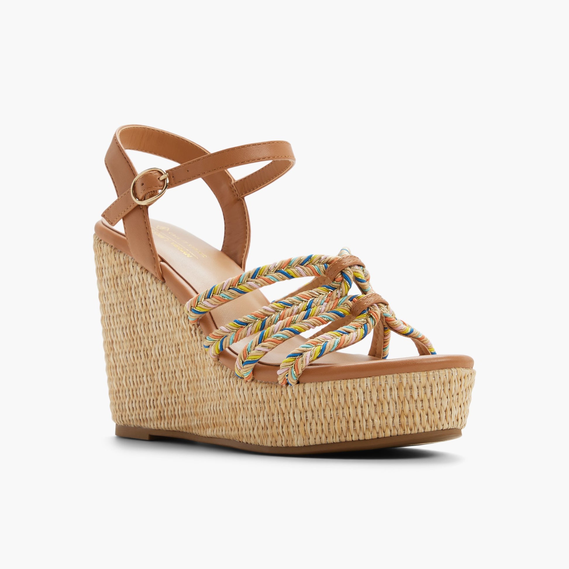 Three-quarter angle of Brown multi Kaylya Wedge Sandals's front side