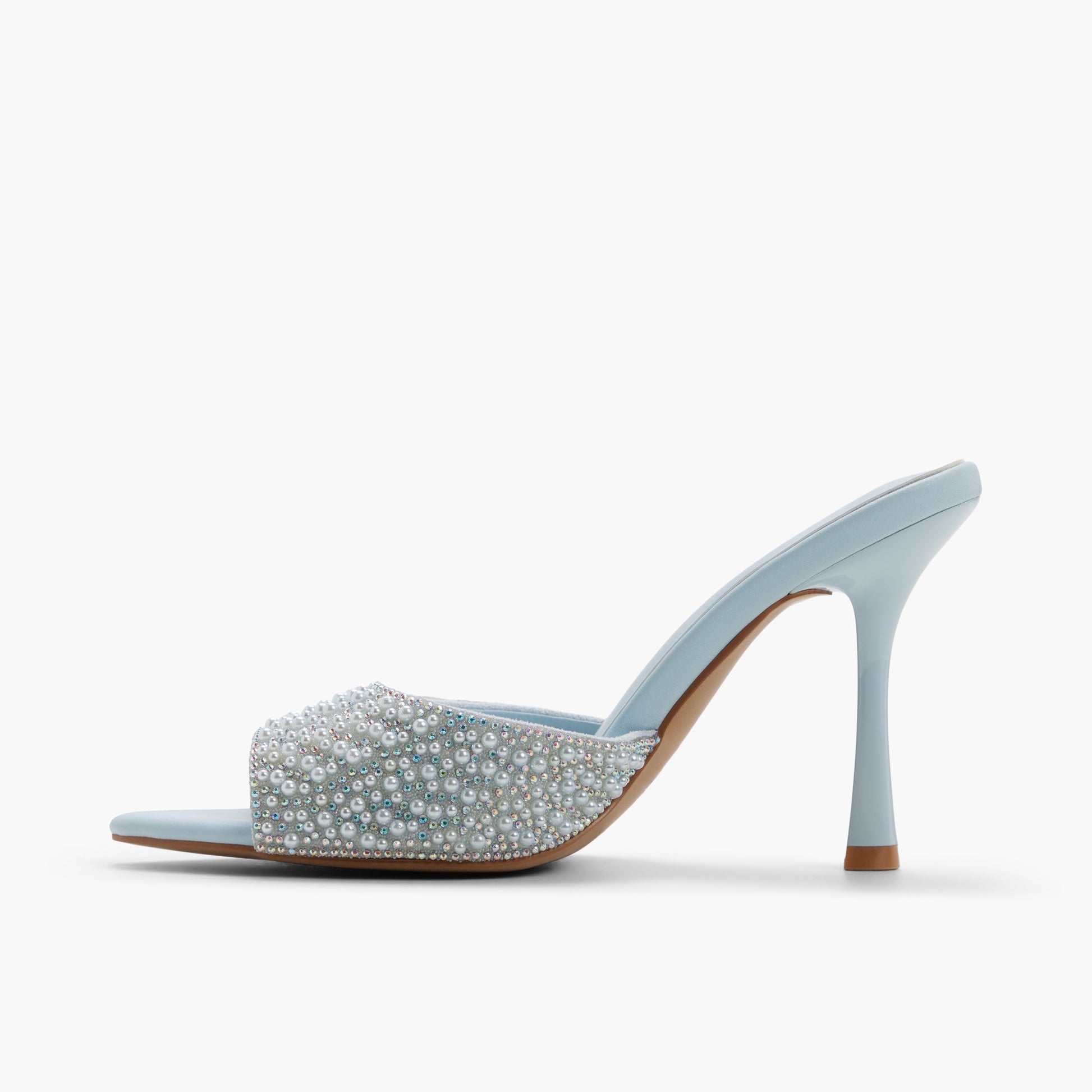 Side view of Light blue Audreey Heeled Mule Sandals