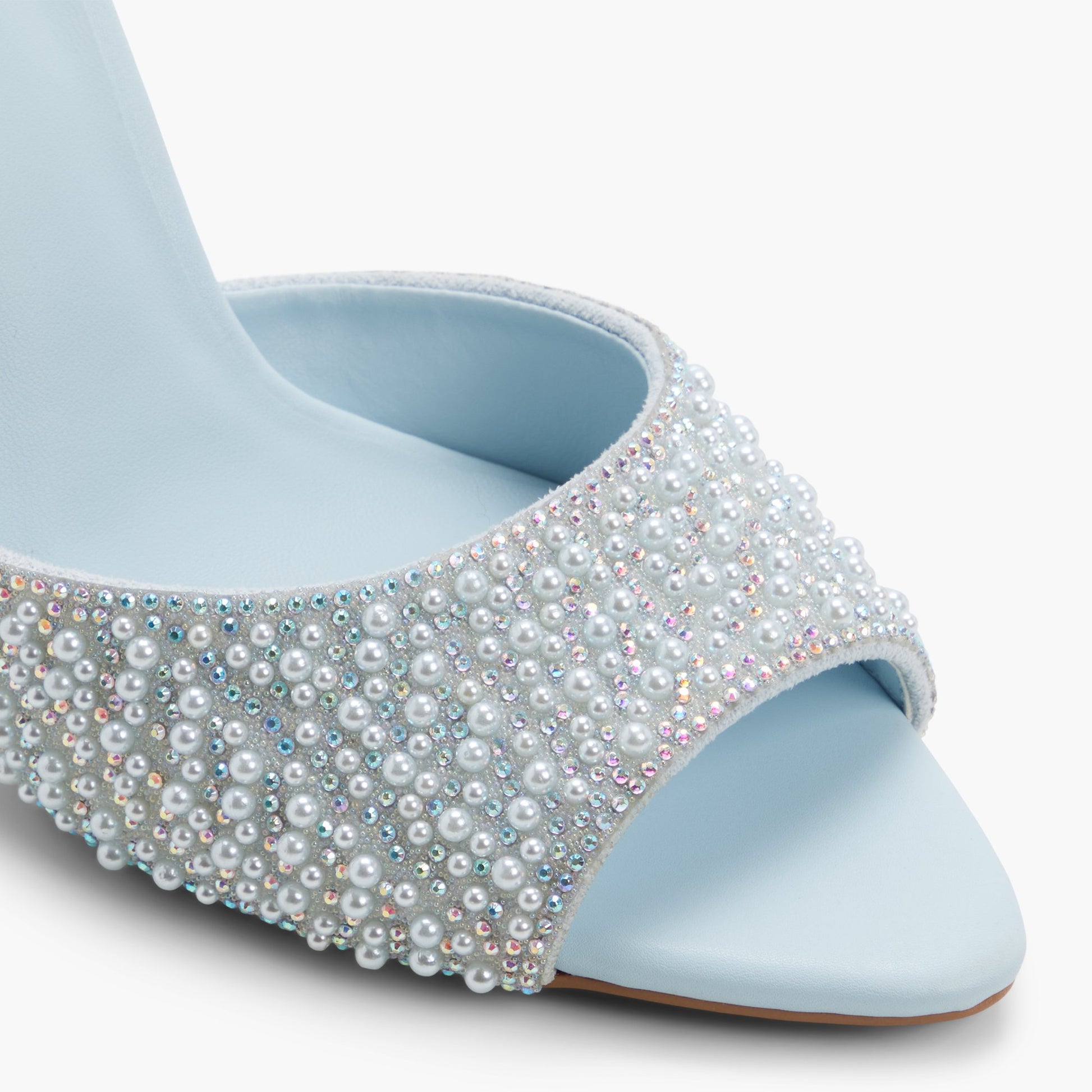 Close-up of the Light blue Audreey Heeled Mule Sandals