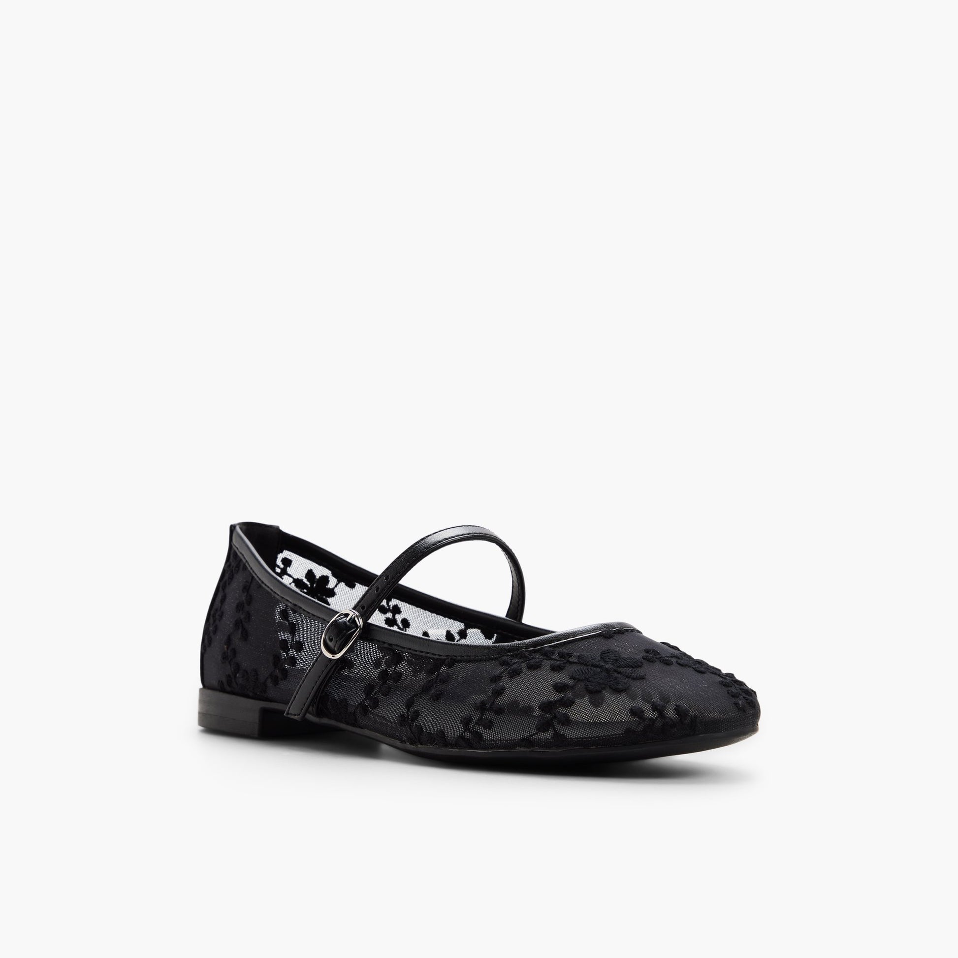 Three-quarter angle of Black Sammii Mesh Mary Jane Flats's front side