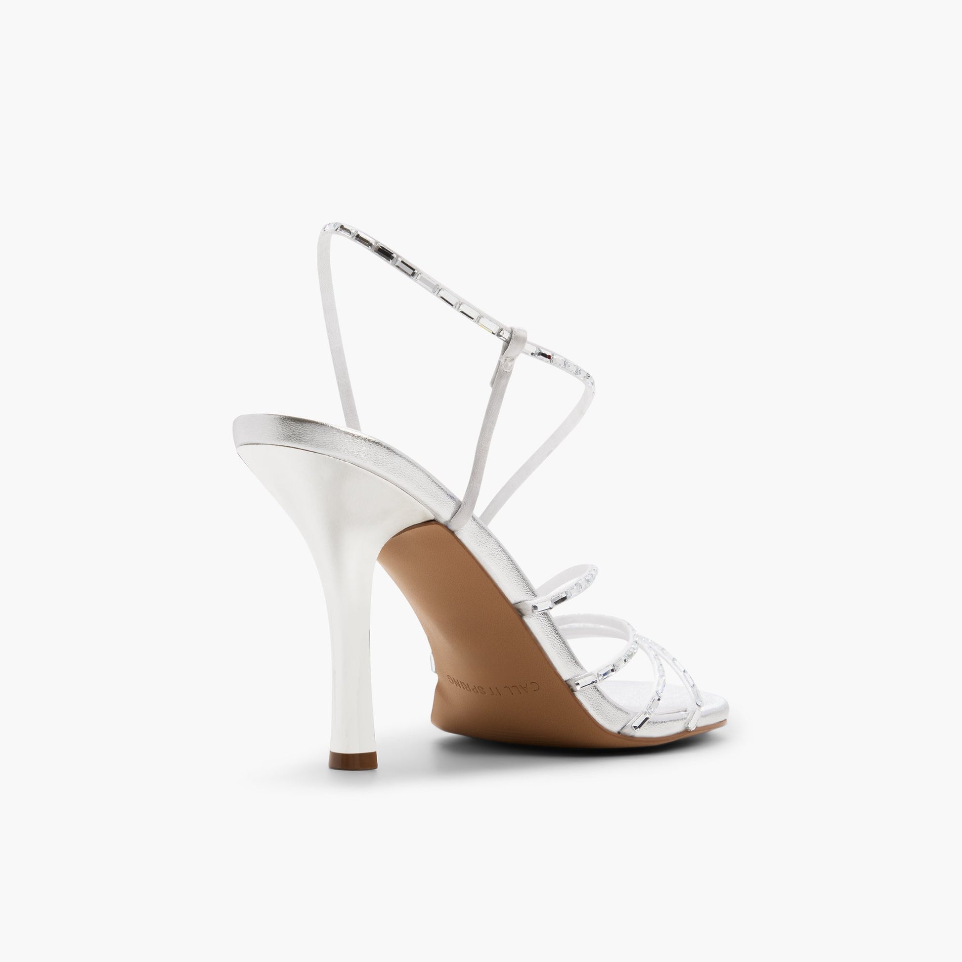 Three-quarter angle of Silver Envyy Strappy Heeled Sandals's back side