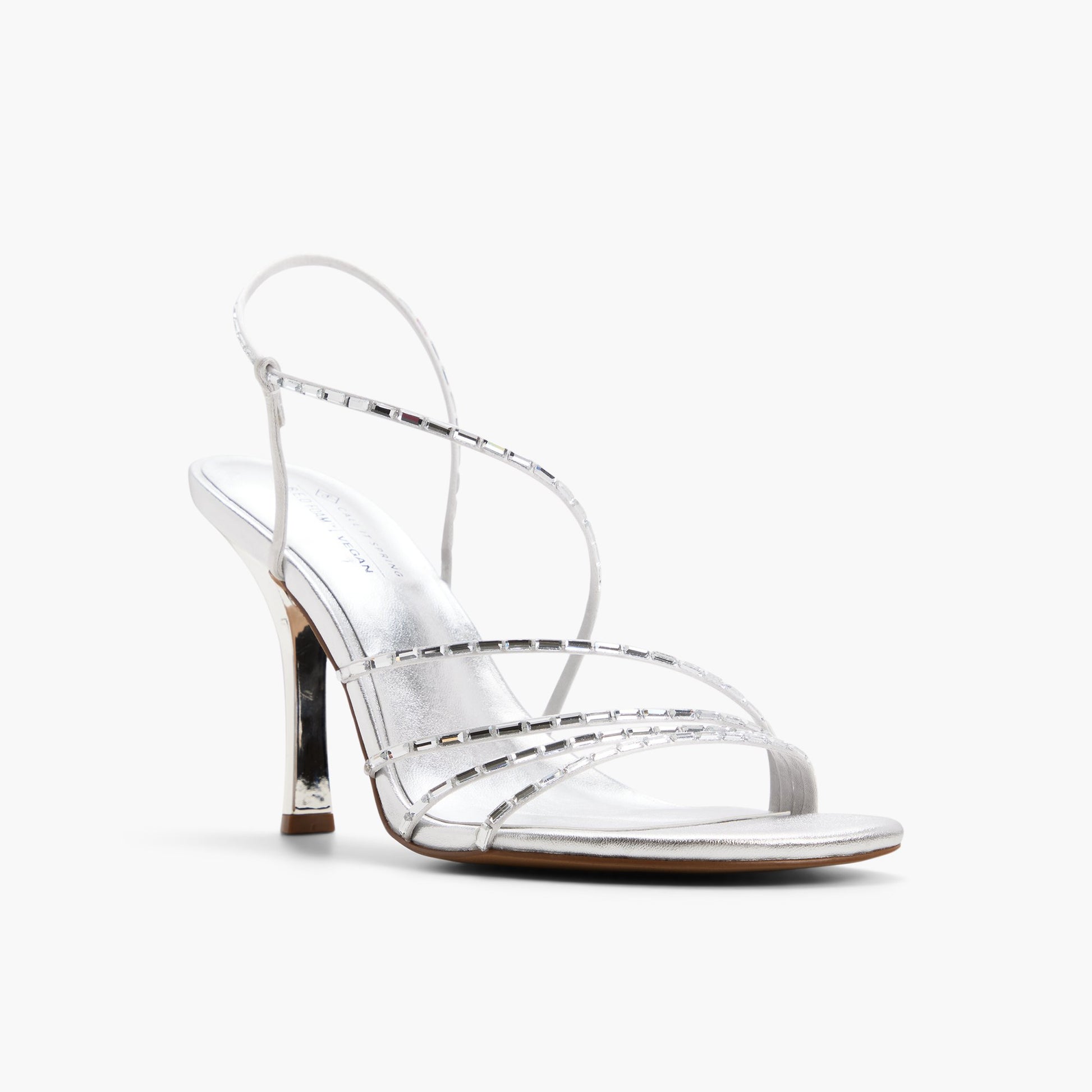 Three-quarter angle of Silver Envyy Strappy Heeled Sandals's front side