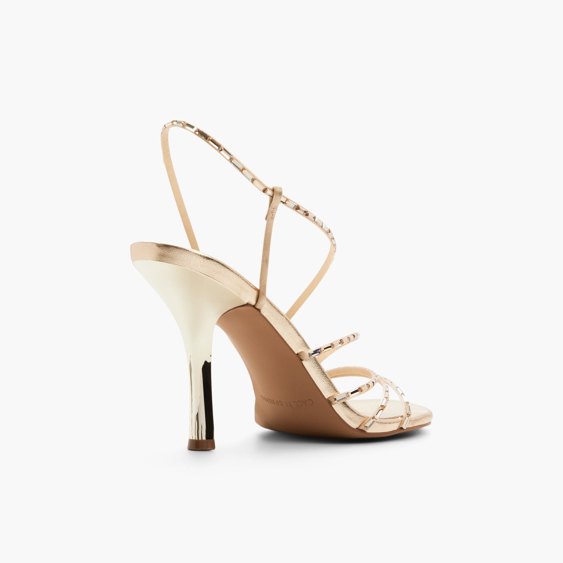 Three-quarter angle of Gold Envyy Strappy Heeled Sandals's back side