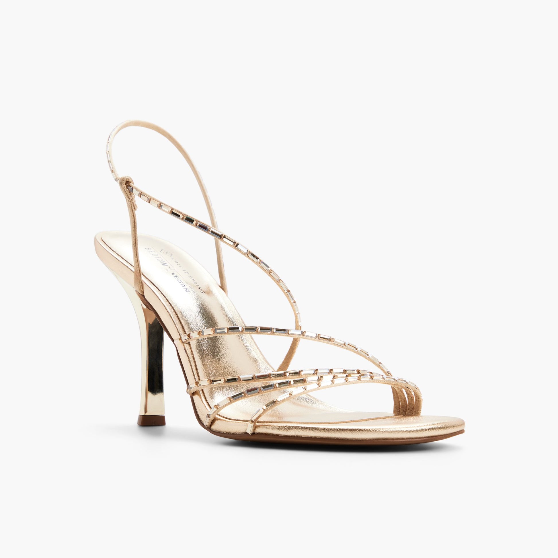 Three-quarter angle of Gold Envyy Strappy Heeled Sandals's front side
