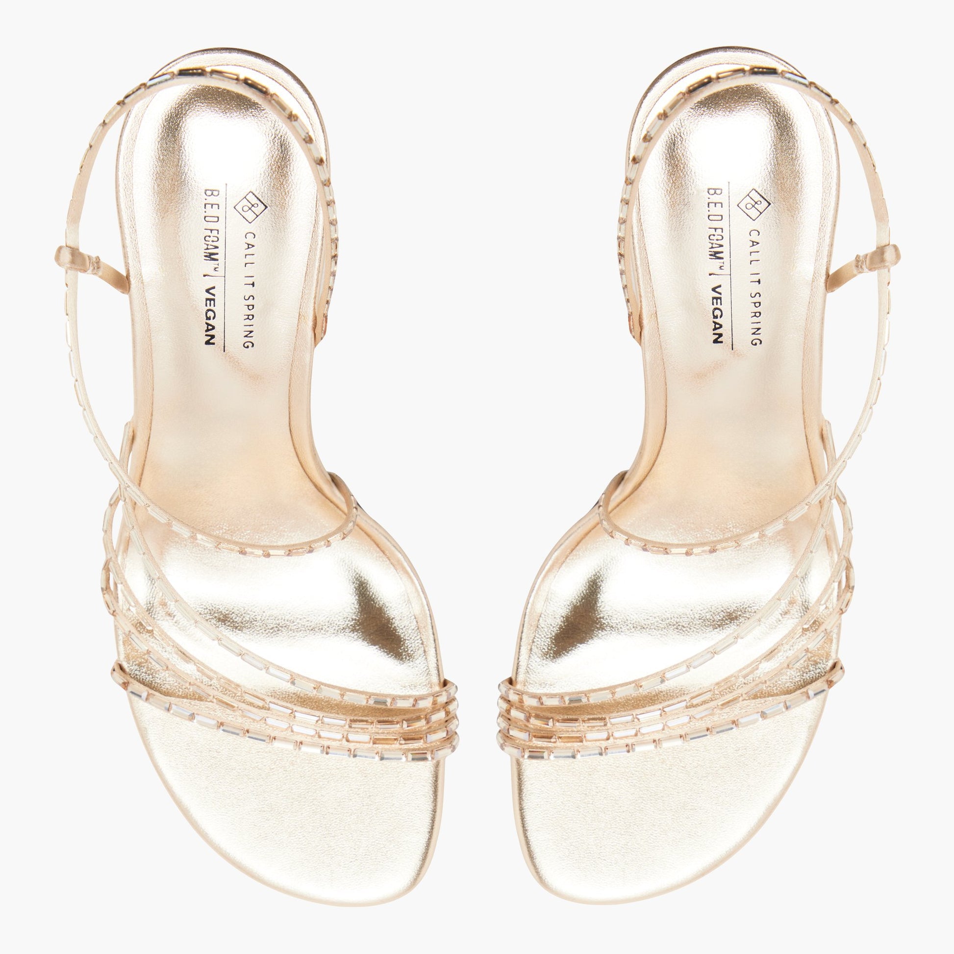 Top-down view of the Gold Envyy Strappy Heeled Sandals