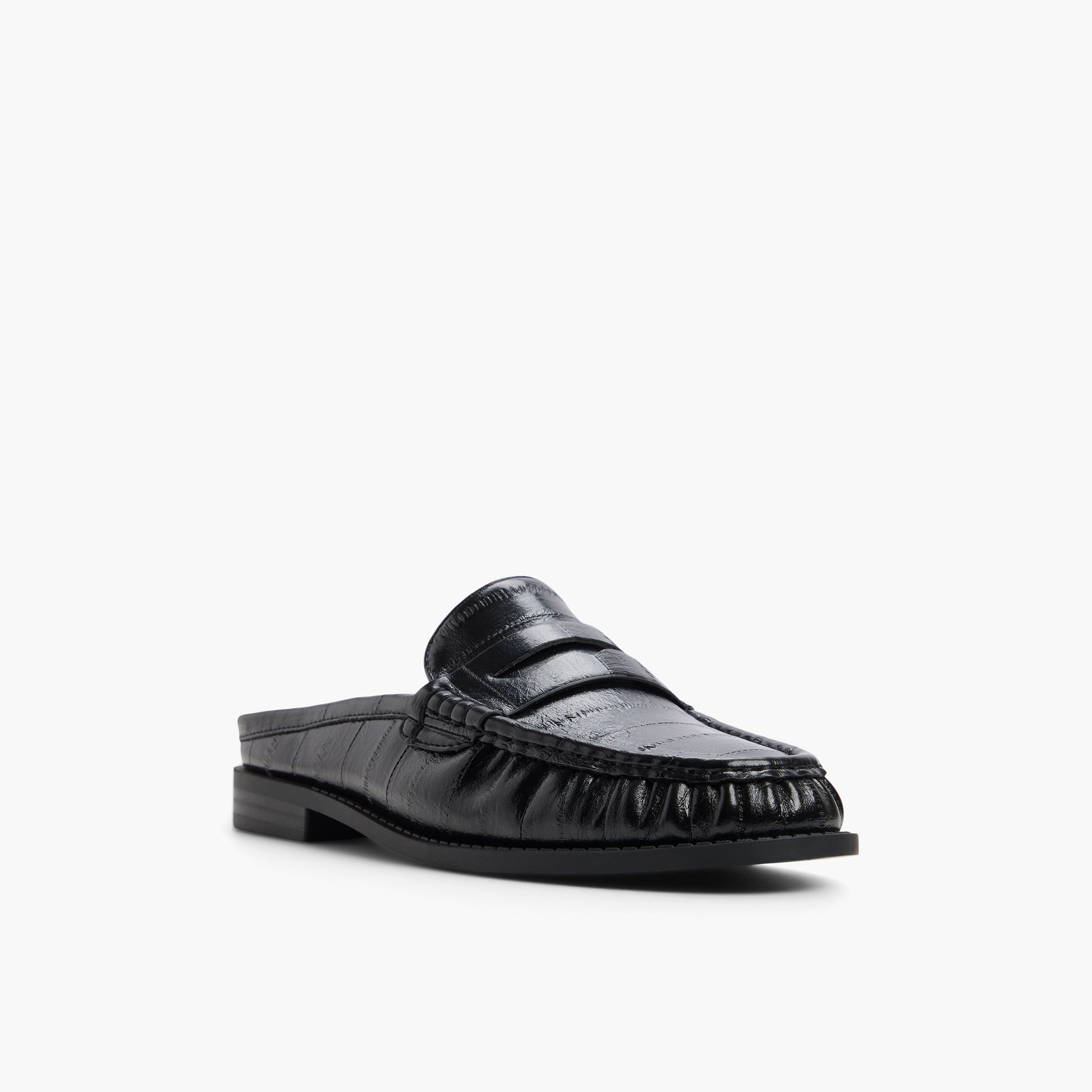 Three-quarter angle of Black Cirella Loafer Mules's front side