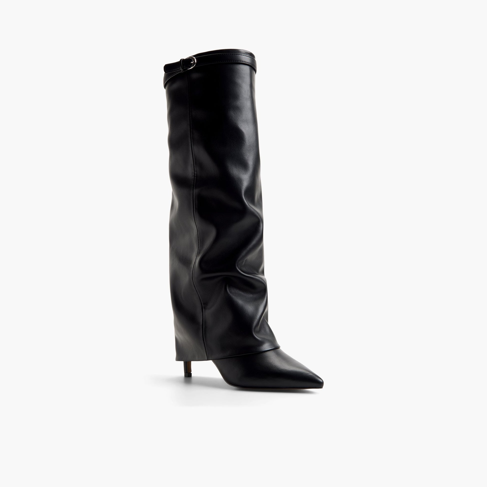 Three-quarter angle of Black Irenaa Knee-High Foldover Boots's front side